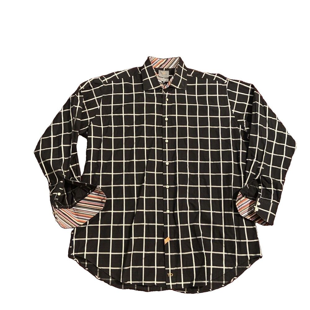 Luxury Thomas Dean Shirt Mens 2XL Plaid Flip Cuff Black Silver Windowpane